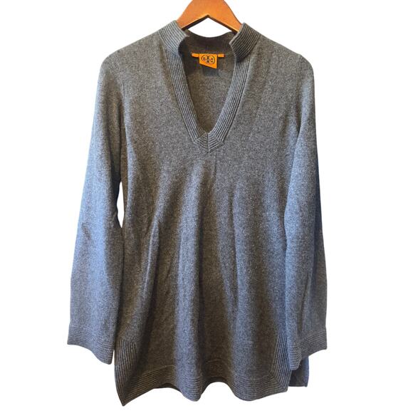 Tory Burch | 100% Cashmere Grey Split Neck Tunic Sweater  | Size Small - Picture 2 of 7